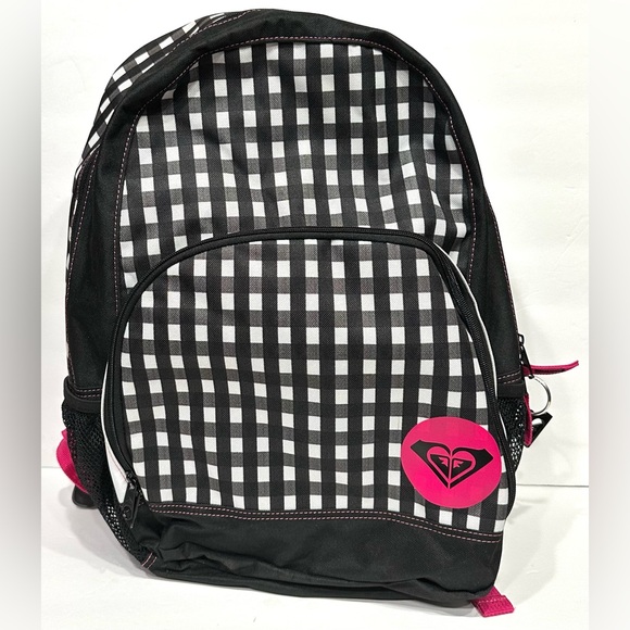 Roxy Black White Pink Roxy Logo Checkered Design 2 Pocket Medium Sized Backpack - Picture 1 of 12